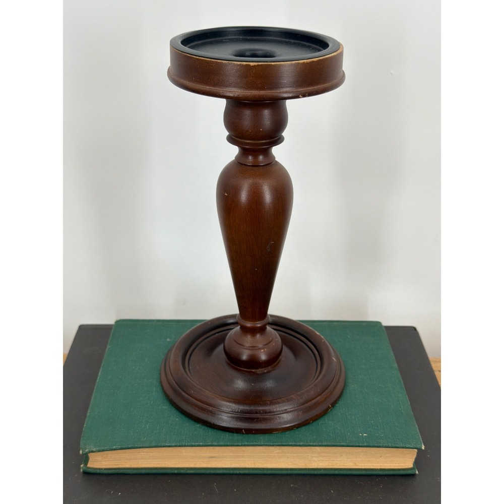 Traditional Turned Wood Pillar Candle Holder Dark Brown Pedestal Stand 9‎ Inch